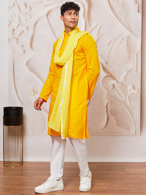 Men's Yellow Cotton Kurta,Pyjama And Dupatta Set